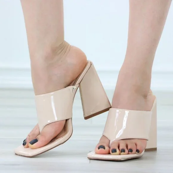 Nude Block Heel Mules Open Toe Slip On Glossy Strap High Heel Sandals - Picture 10 of 11